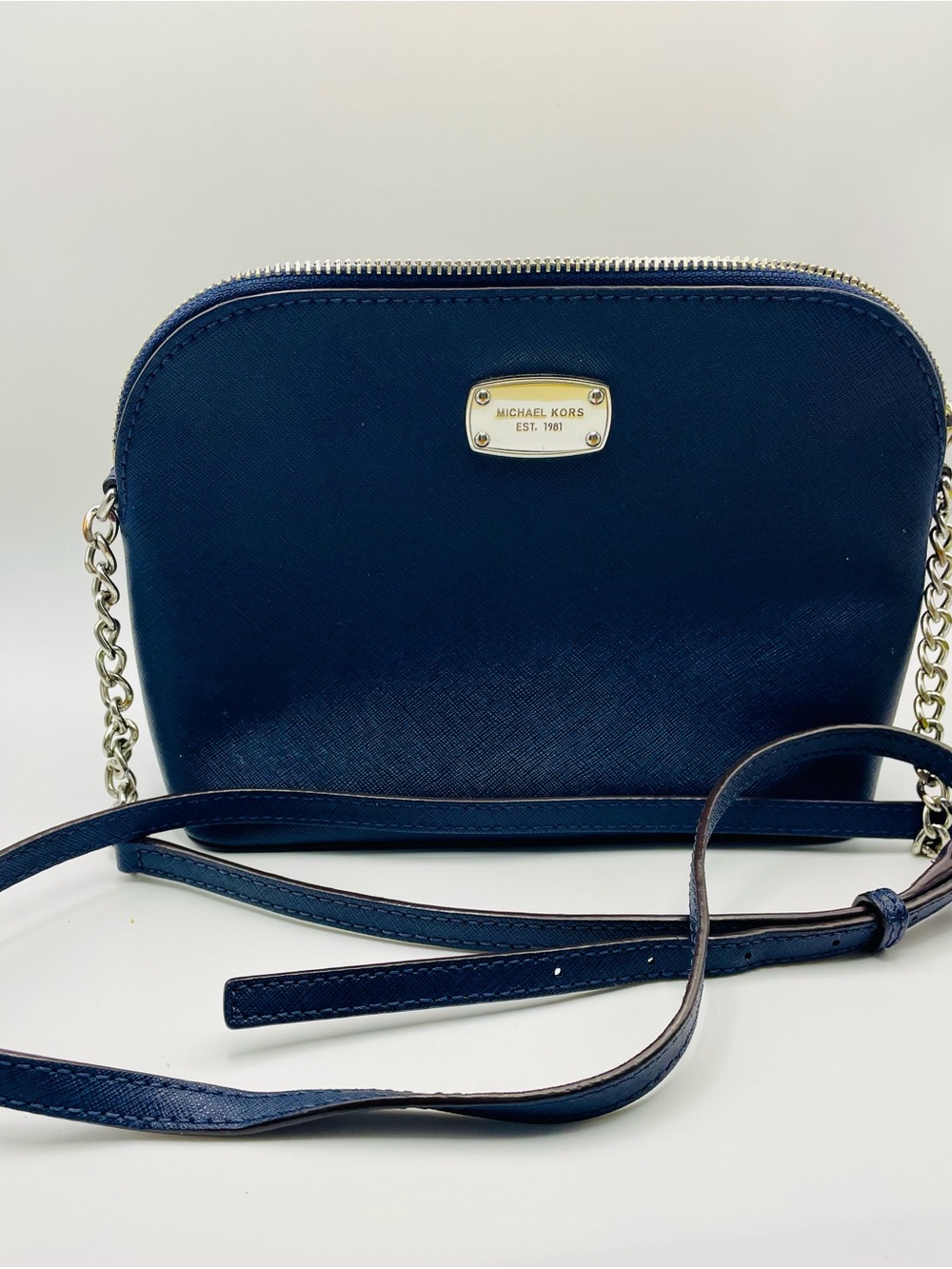 Michael Kors Navy Blue Dome Crossbody Bag Saffiano Leather with Silver Plaque